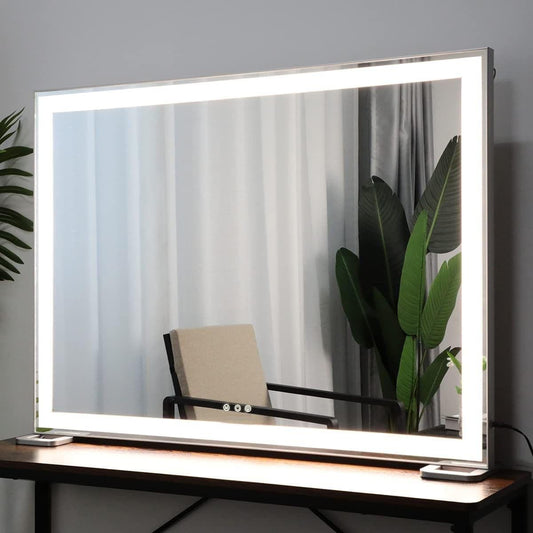 Large rectangular lighted makeup mirror with slim silver frame