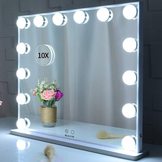White lighted vanity mirror with round bulbs and built-in 10X magnifier
