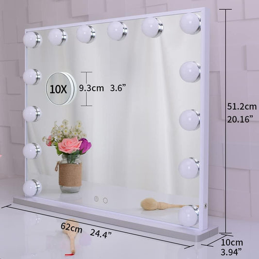 White lighted vanity mirror with detachable 10X magnifying circle and edge bulbs