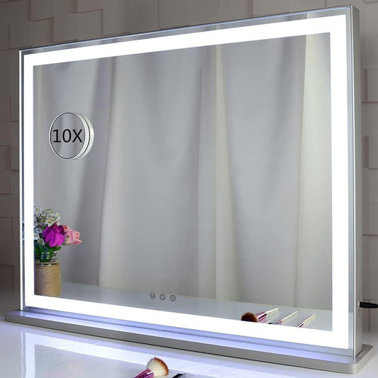 LED makeup mirror with illuminated frame and 10X magnifying inset