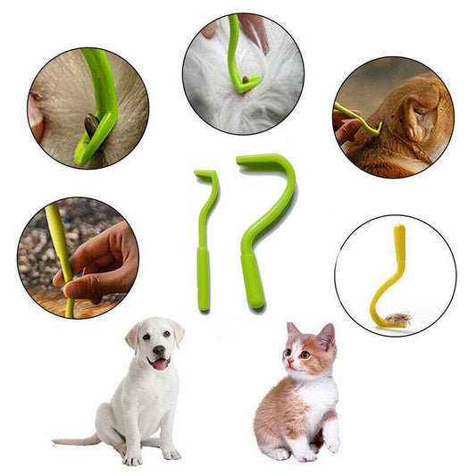 Tick remover kit with two lime green tools, plus pet-use guide icons