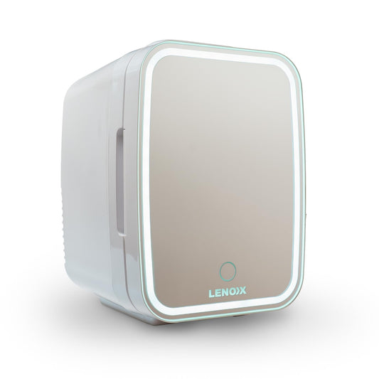 White cosmetics skincare fridge with clear front door and LENNOX logo