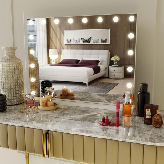 LED vanity mirror with lit bulbs, white frame, and rectangular glass panel