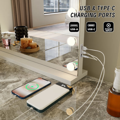 LED Beauty Mirror with 18 Bulbs, Colour Settings, USB A and USB C, White, 80 x 62cm