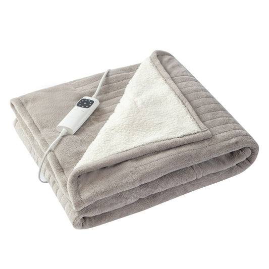 Heated throw blanket, gray fleece with white underside and detachable controller on edge