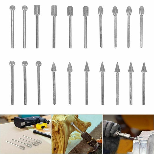 Diamond grinding burr bits set with cylindrical shanks and assorted head shapes