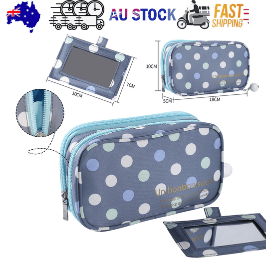 2-layer polka-dot makeup bag with fold-out mirror, light blue zipper and trim