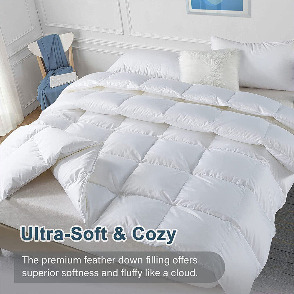 White goose down duvet spread on a bed, thick quilted comforter with baffle boxes