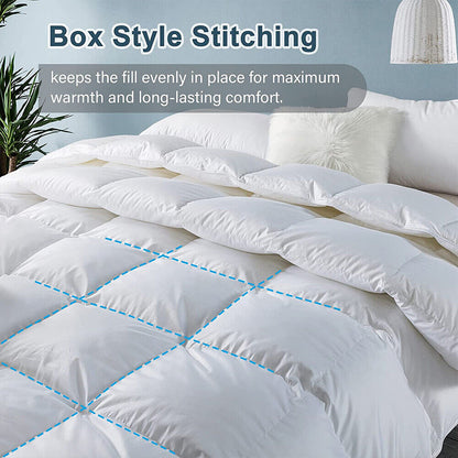 White goose down duvet showing box-style stitching that holds filling in place