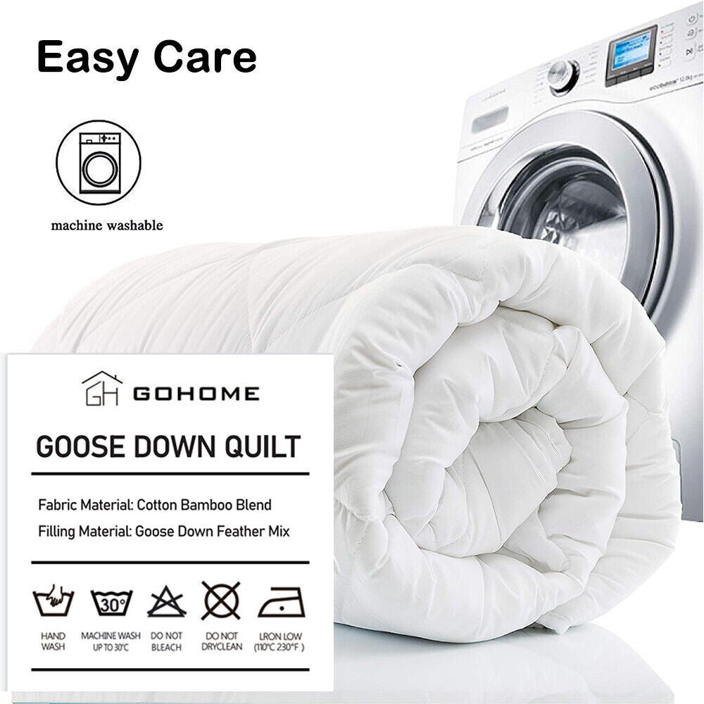 White goose down quilt packaged for care, rolled and stacked with washing icon