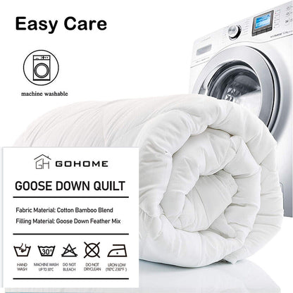 White goose down quilt packaged for care, rolled and stacked with washing icon