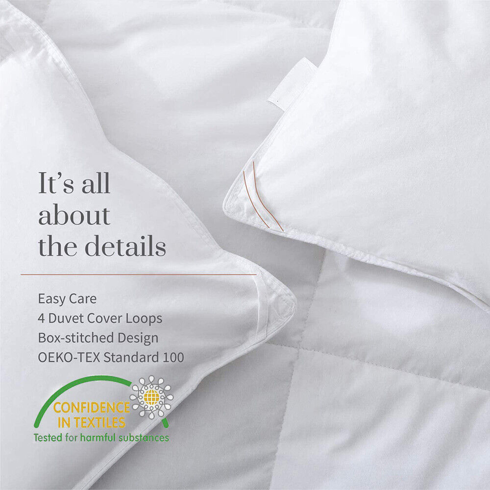 White duvet quilt with box-stitched seams and close-up fabric quilting detail
