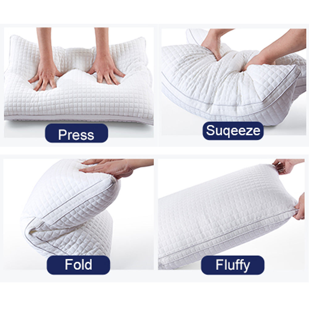 White quilted down-alternative pillow showing press, fold, and fluff use