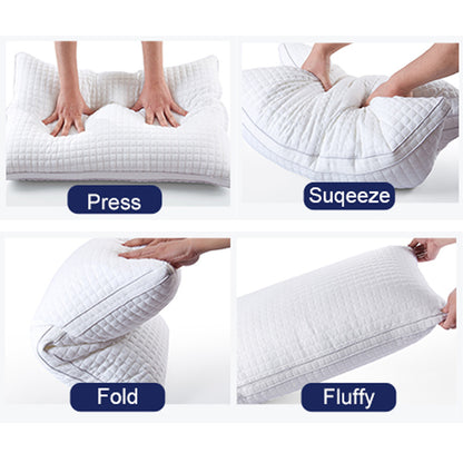 White quilted down-alternative pillow showing press, fold, and fluff use