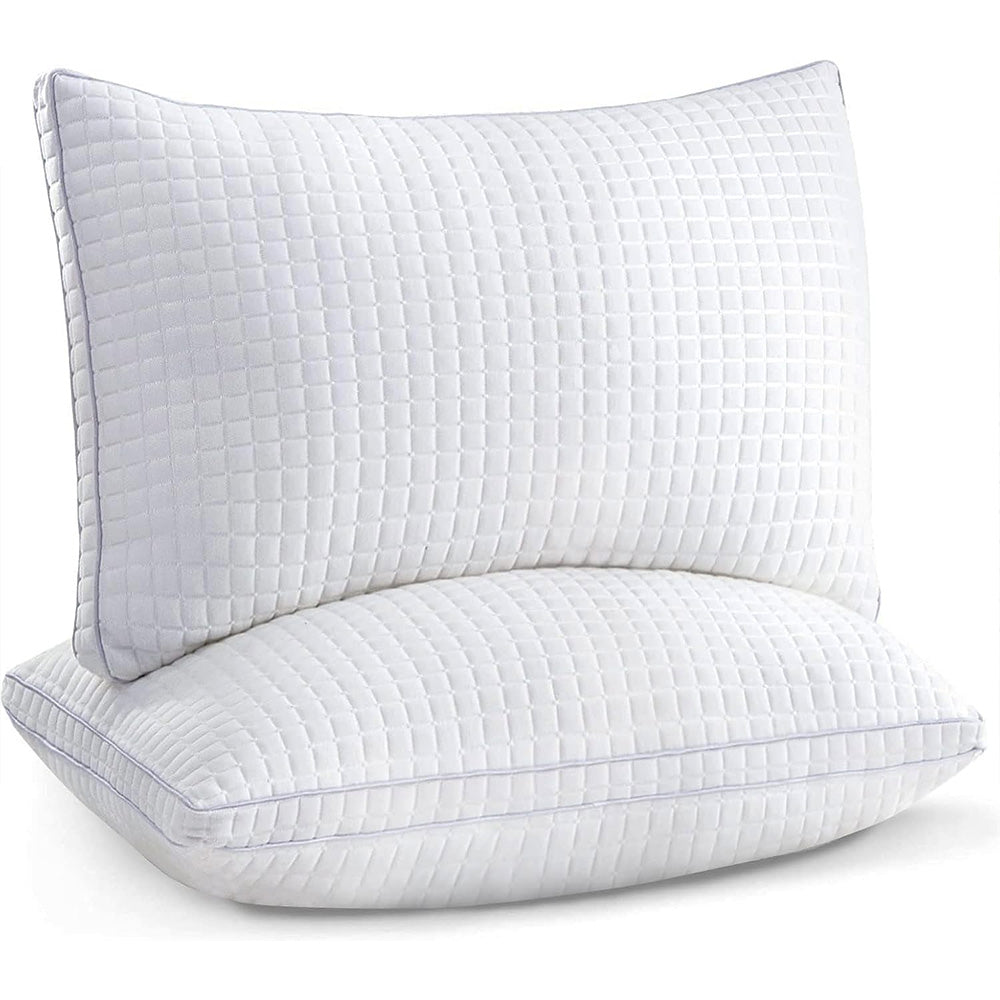 White quilted down-alternative pillow with box-stitched border and plush loft