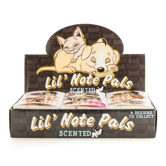 Scented sticky note pads display box with puppy and cat illustrations, Lil' Note Pals