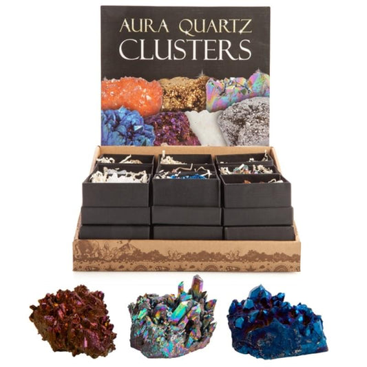 Aura quartz cluster assortment of colorful mineral rocks in open display box