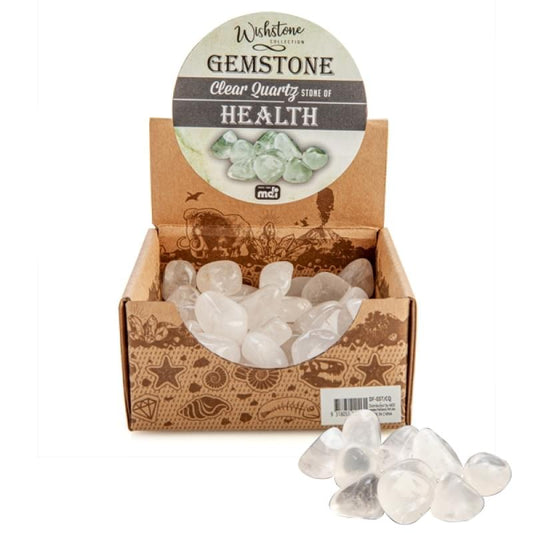 Tumbled clear quartz stones in open cardboard display box