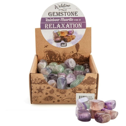 Tumbled rainbow fluorite gemstones in assorted purple, green, and clear stones