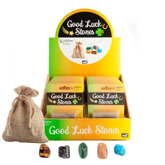 Good luck stones set with assorted stones, burlap pouch, and display boxes