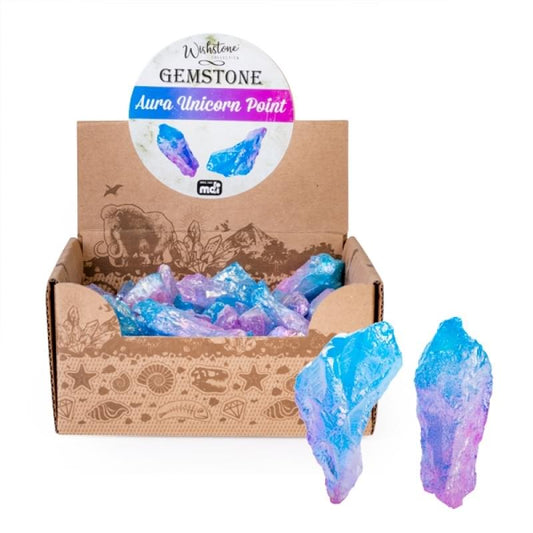 Unicorn point gemstone set with blue and purple crystal points in cardboard box