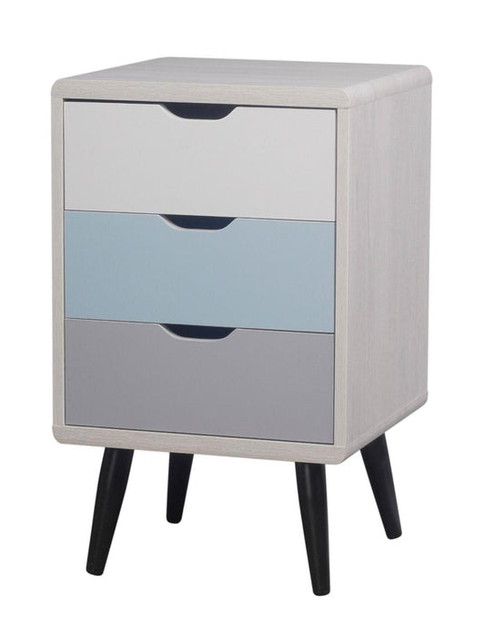 Three-drawer cabinet with light wood sides, blue and gray drawer fronts, and black legs