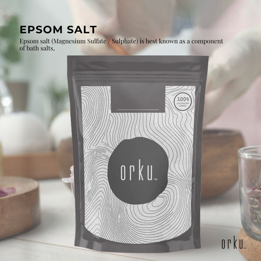 Epsom salt bath salts pouch with Orku logo and gray contour pattern front design