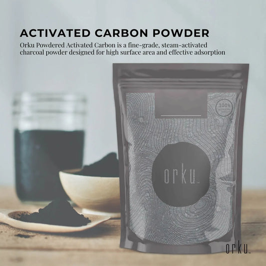 Standing black activated carbon powder pouch with textured design and Orku logo