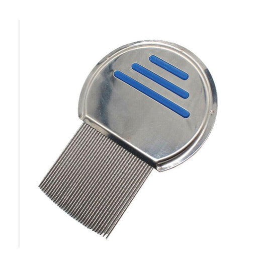 Stainless steel head lice comb with fine teeth and blue grip on round case