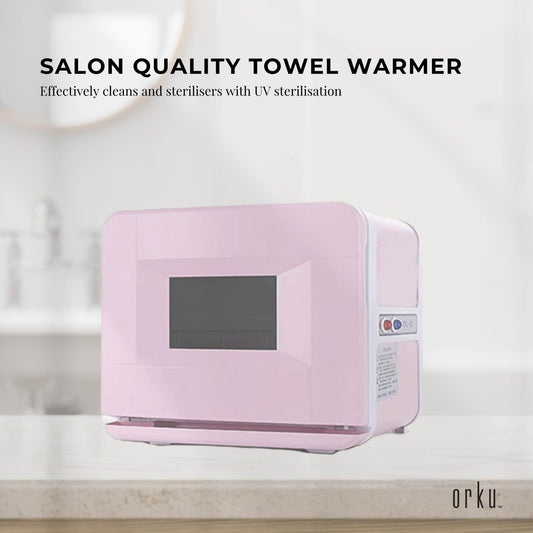 Pink UV towel warmer cabinet with control panel on the side