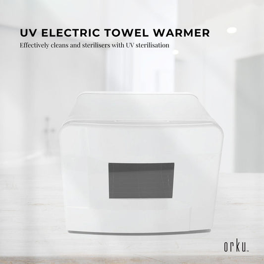 White UV towel warmer cabinet with top lid and central dark display panel