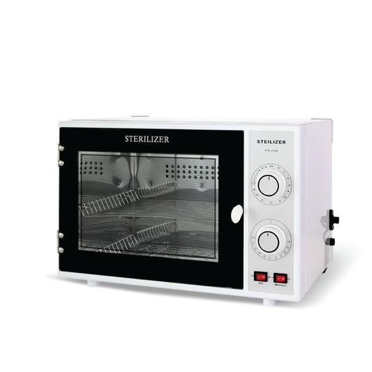 UV ozone sterilizer box with viewing window, white casing and black interior chamber