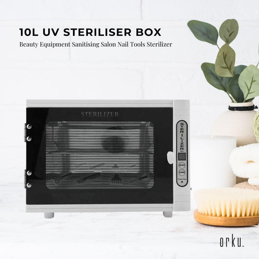 UV sterilizer box with white body, dark door window, and right control panel