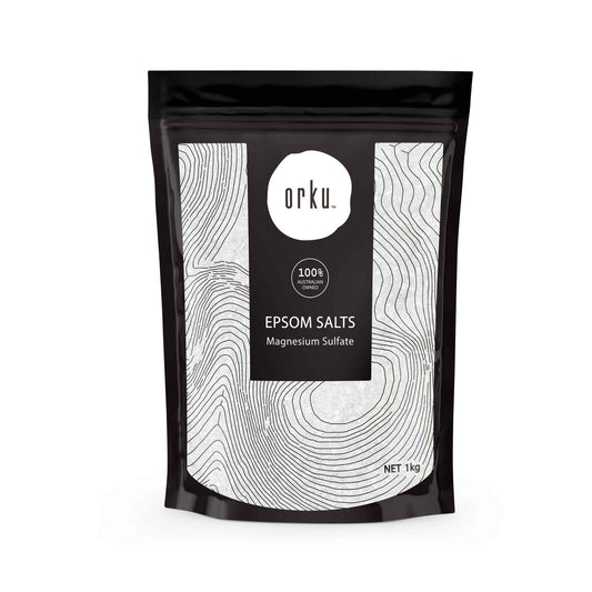 Orku Epsom salts pouch with front label, black bag with white graphic, net 1 kg