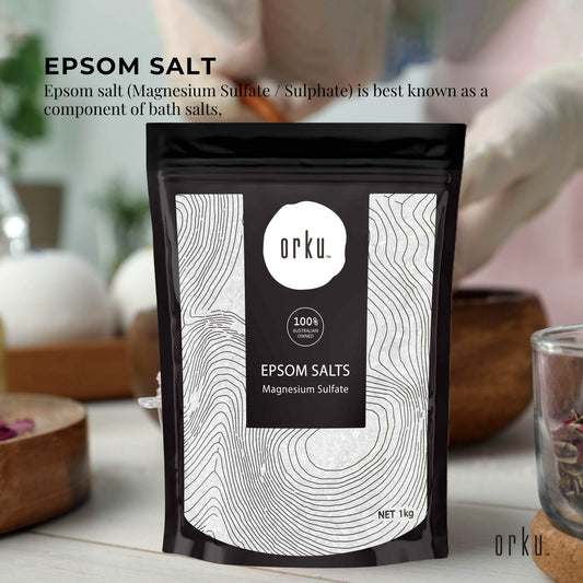 Orku Epsom salts pouch, black and white front label for magnesium sulfate, net 1 kg