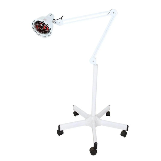 White infrared heat floor lamp with round heater head, wheeled base, and height arm
