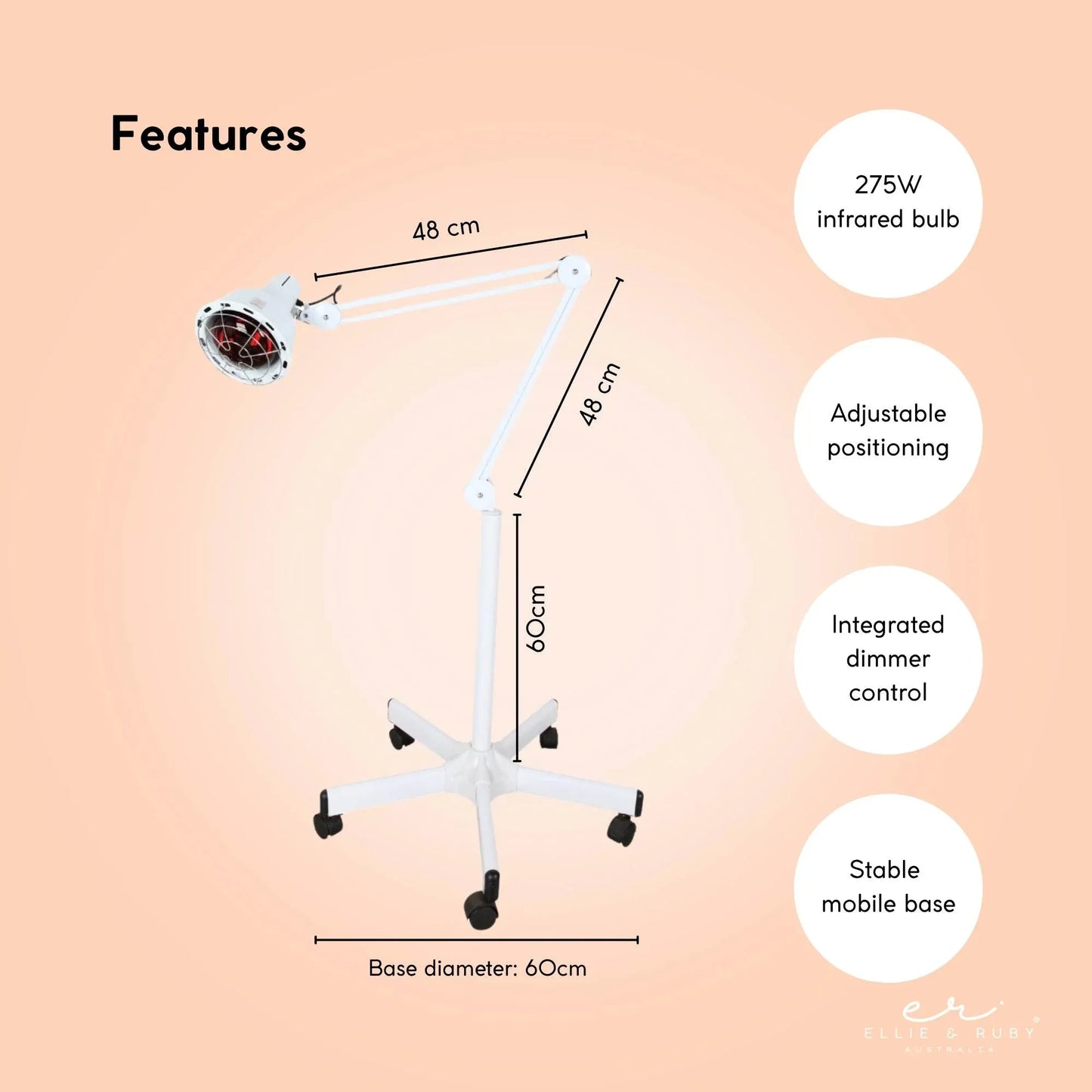 Ellie & Ruby Infrared Heat Floor Lamp 275W Mobile Dimmable Home Salon Treatment