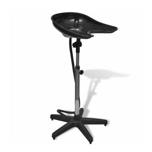 Portable hair-washing basin with stand, black bowl and splash guard, height adjustable