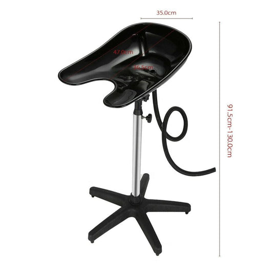 Portable hair-washing basin with stand, black bowl, hose, and control knob, adjustable
