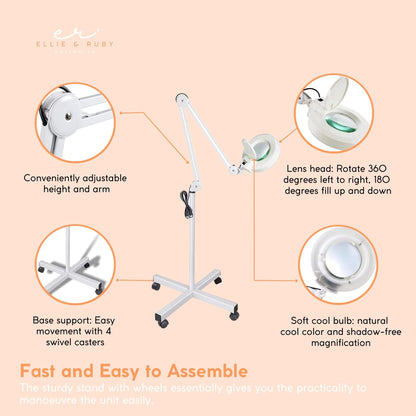 Ellie & Ruby 5x Magnifying Floor Lamp - Glass Lens Light and Wheeled Stand White