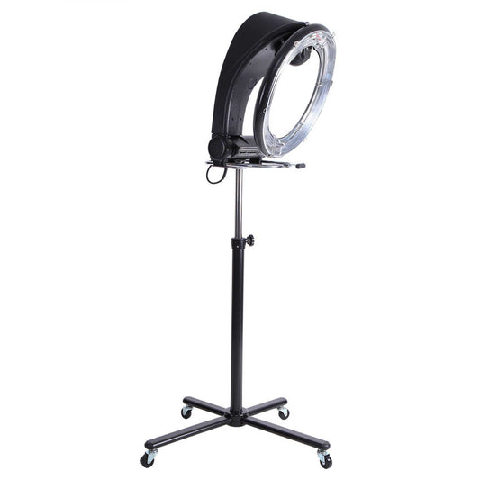 Standing hair dryer accelerator with circular halo hood and wheeled floor stand