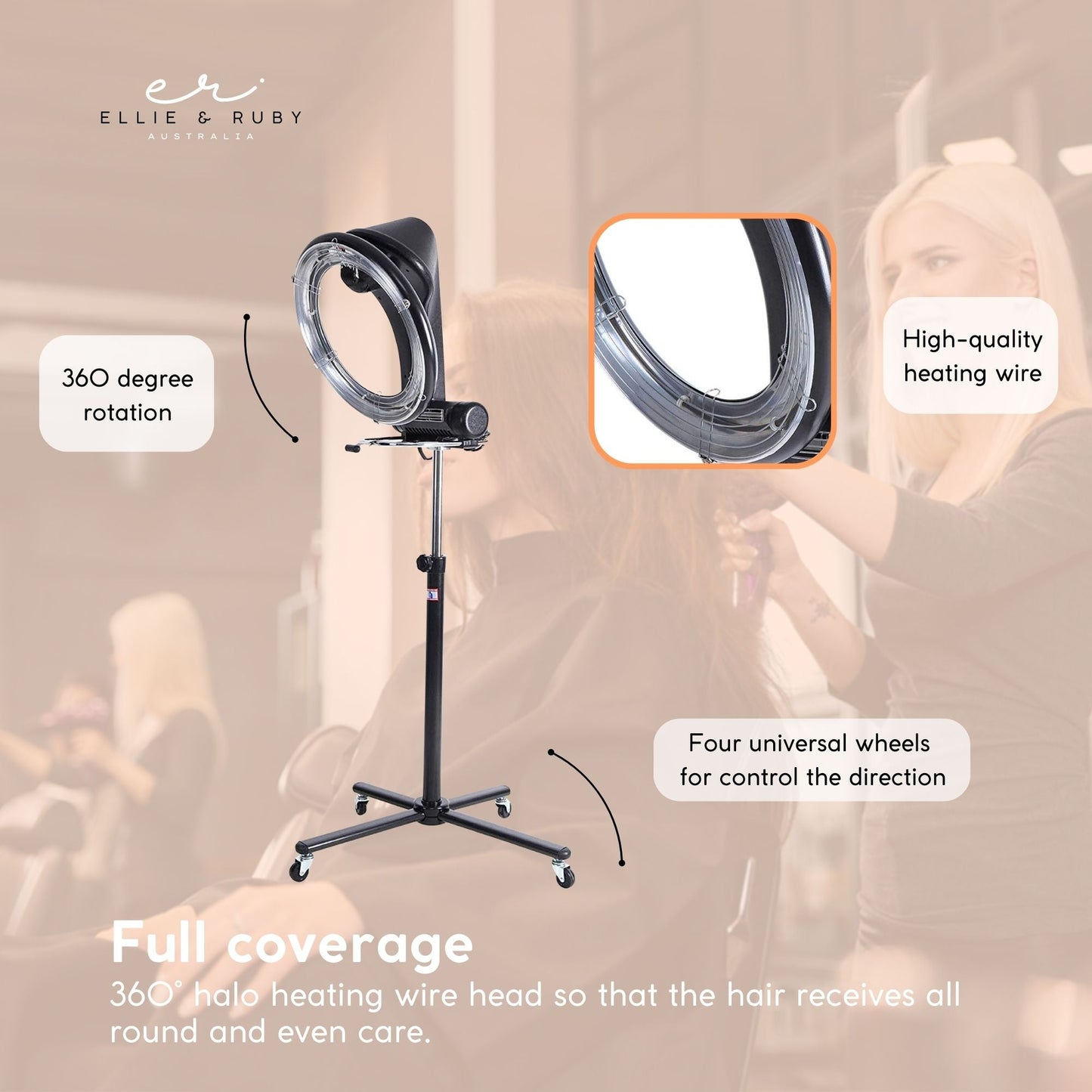 Ellie & Ruby Standing Hair Dryer Accelerator Colour 360 Rotating Halo Rolling