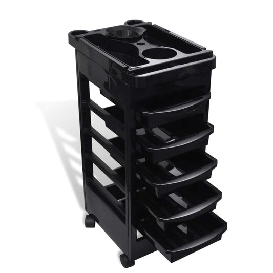 Black 6-tier hairdressing trolley with rolling casters and top tool tray