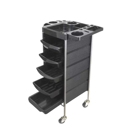 Black rolling hairdressing trolley with open side drawers and open top tray