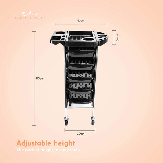 Black 5-drawer hairdressing trolley with top tray, bottle holders, and caster wheels.