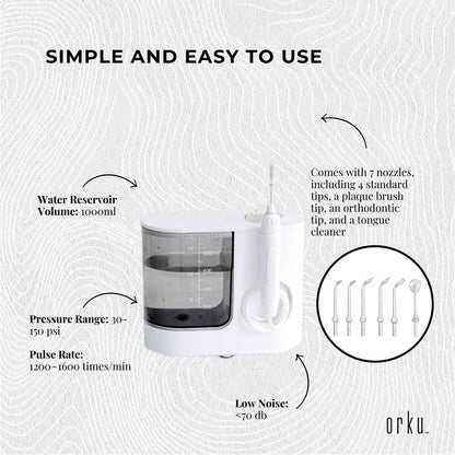 Orku 1000ml Water Flosser Electric Oral Irrigator - Adjustable Pressure White