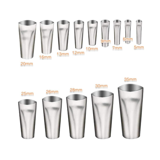 Stainless steel caulking nozzle set, multiple sizes (5–35mm) in metal tubes