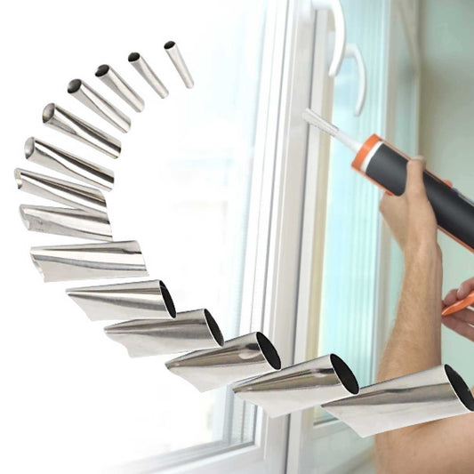 Caulking applicator tool with metal nozzle tip dispensing sealant near window edge