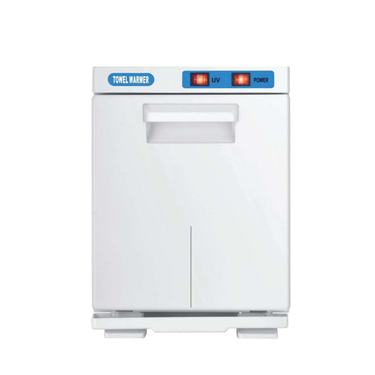 White electric hand towel warmer cabinet with control panel and UV indicators