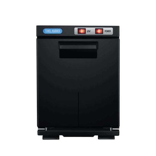 Black electric towel warmer cabinet with UV window and front control panel